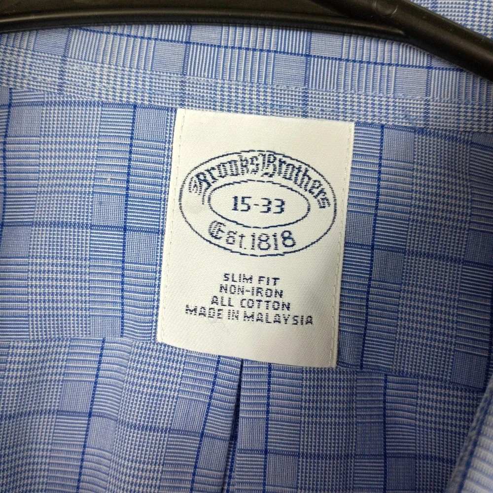 Brooks‎ Brothers Mens 15-33 Slim Fit Non-Iron Cotton Blue Glen Plaid Dress Shirt